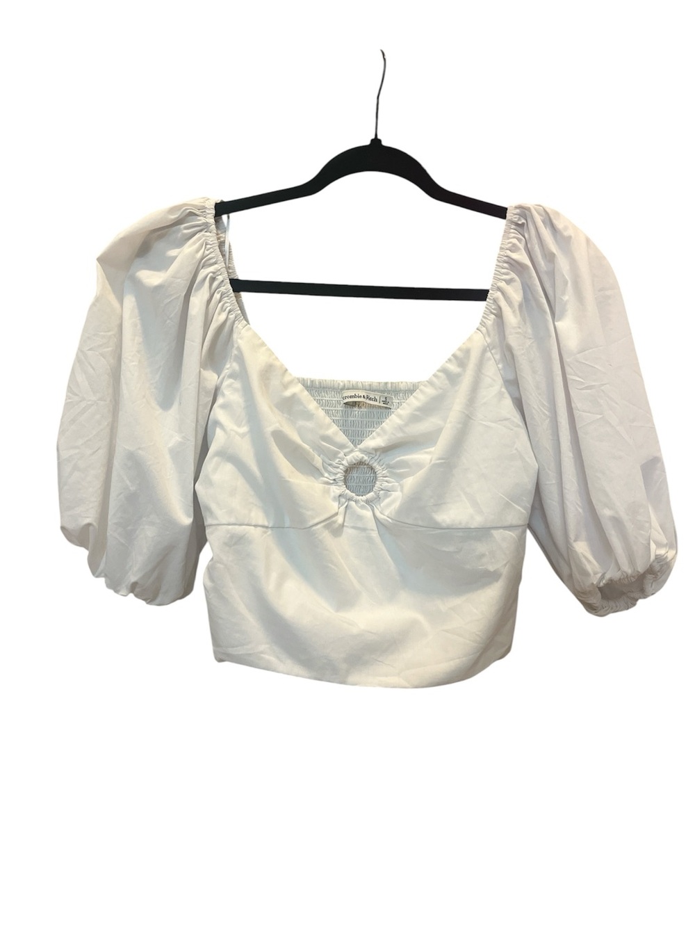 Abercrombie & Fitch White Puff-Sleeve Crop Top with Front Ring